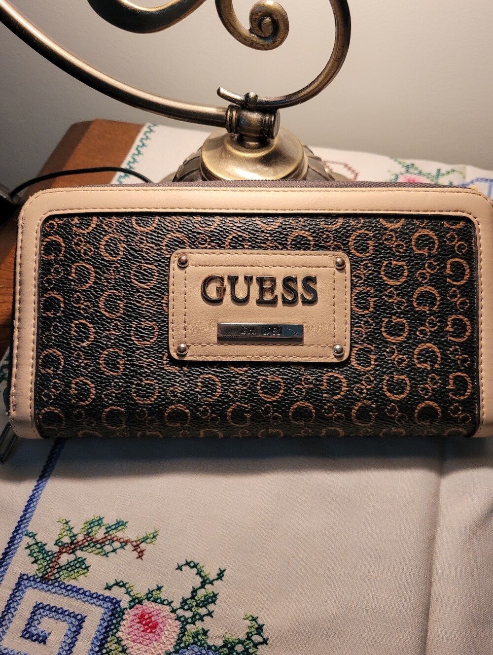 GUESS Brown and Beige Logo Zip-Around Wallet